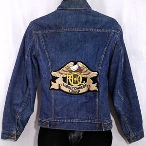 Harley Owners Group Levis Denim Trucker Jacket Vintage Hog Troy Blanket Small